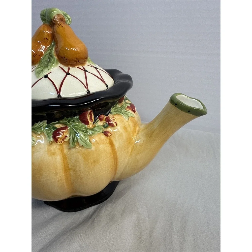 MWW Market Annie Danielson Pumpkin Teapot Fruit Pear Lid Fall Harvest Ceramic